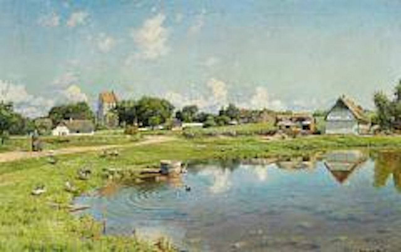 View from Ramløse with the church and the village pond by Peder Mork Monsted