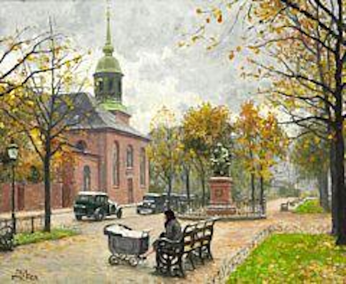 Scene from Sankt Annæ Plads (Square) in Copenhagen with Garnisonskirken (Church) and the statue of the composer J.  P.  E.  Hartmann by Paul Fischer
