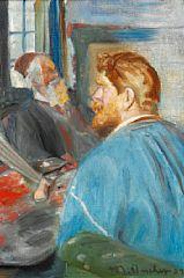Krøyer sitting in front of the easel with his portrait of Drachmann by Michael Ancher