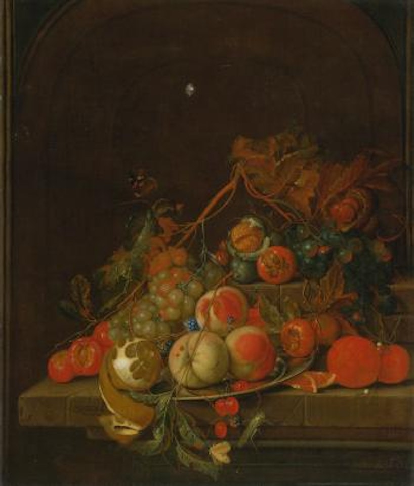Still Life of Peaches, Grapes, A Lemon, Oranges and Other Fruit on A Pewter Plate Resting on A Stone Ledge with Nuts, A Grasshopper and A Butterfly, All in A Niche by Cornelis de Heem