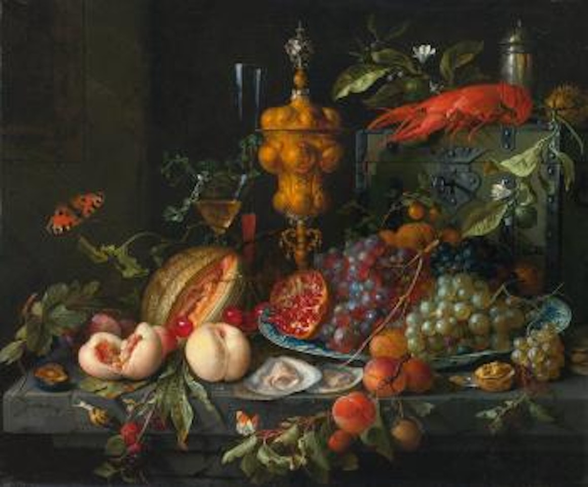 Still life of fruits, nuts, Oysters, a Lobster, insects and a snail on a ledge with various vessels by Jan Davidsz de Heem