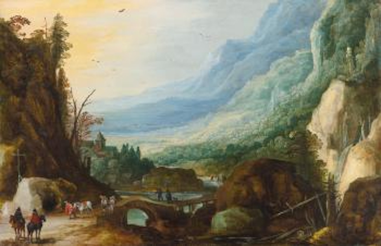Mountainous landscape with a bridge across a river by Jan Brueghel by Joos de Momper the Younger
