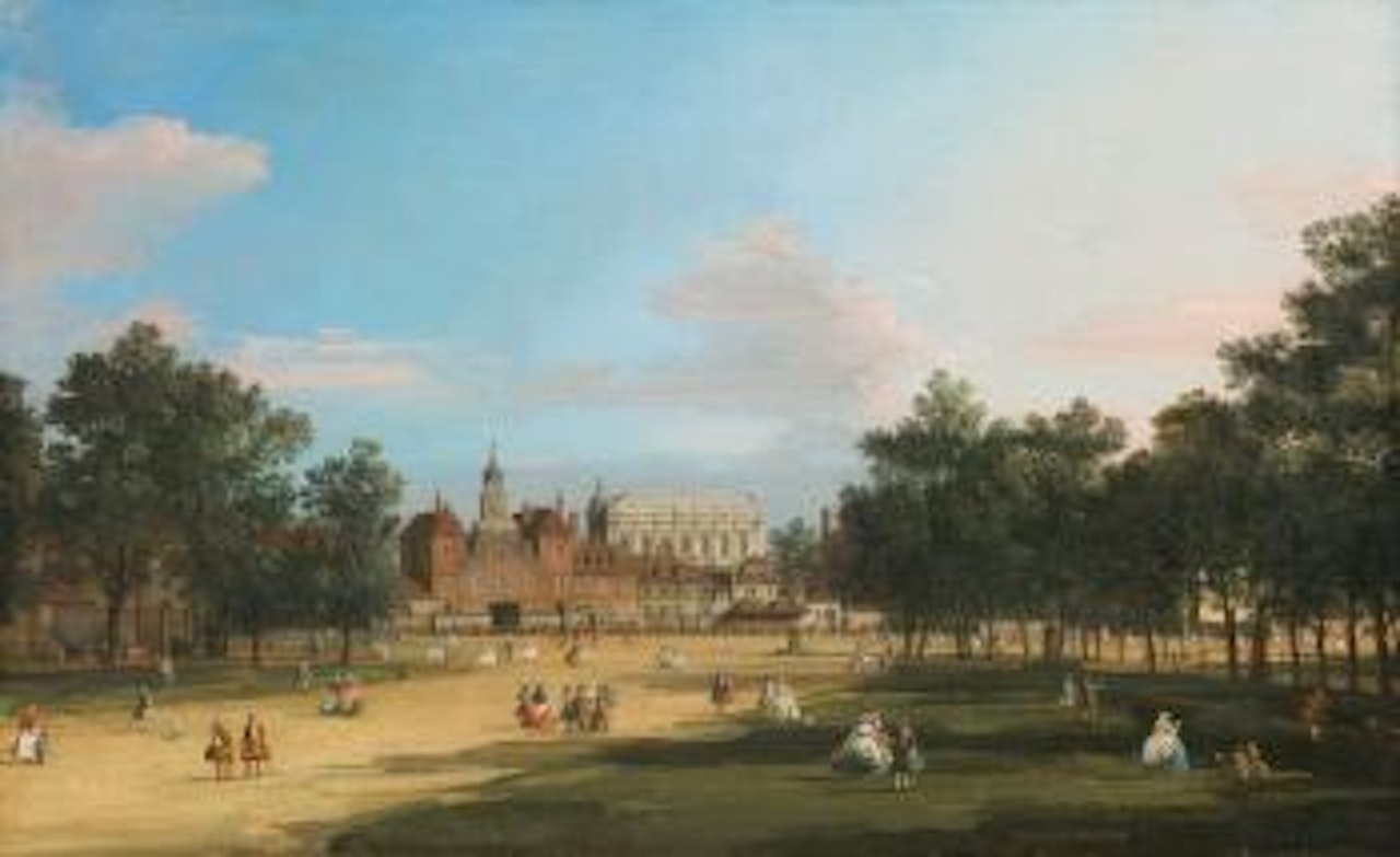 London, a view of the old horse guards and Banqueting Hall, Whitehall seen from St. James' Park by Canaletto