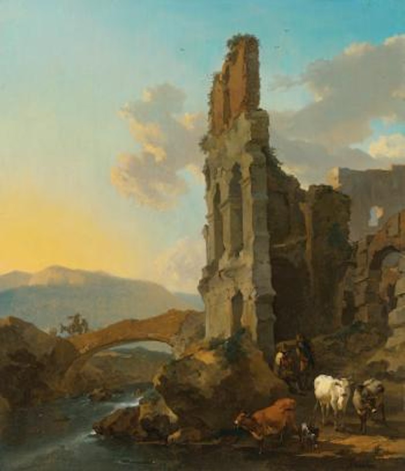 Italianate river landscape with Herdsmen by the Ruins of an Amphitheatre, and Peasants crossing a bridge by Nicolaes Pietersz Berchem