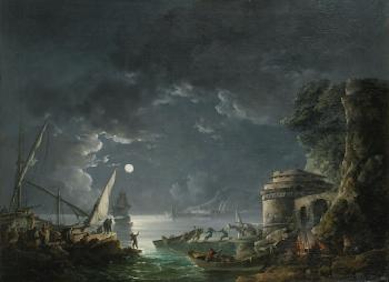 View of A Moonlit Mediterranean Harbor by Carlo Bonavia