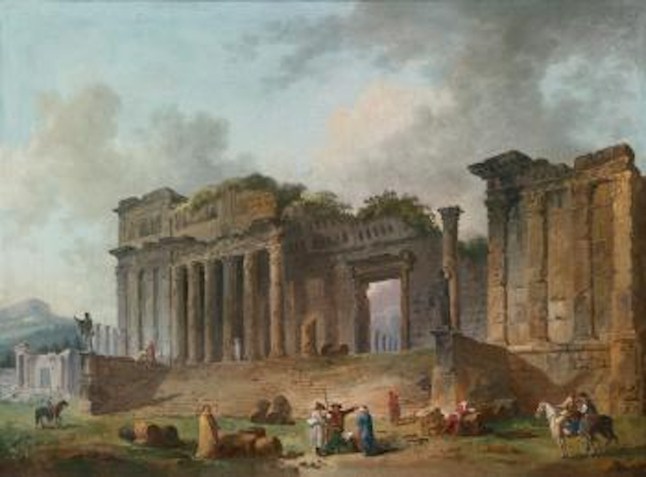 An Architectural Capriccio with an artist sketching in the foreground by Hubert Robert