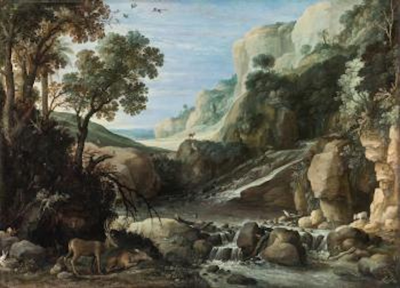 Mountainous landscape with wildlife around a Cascade by Paul Bril