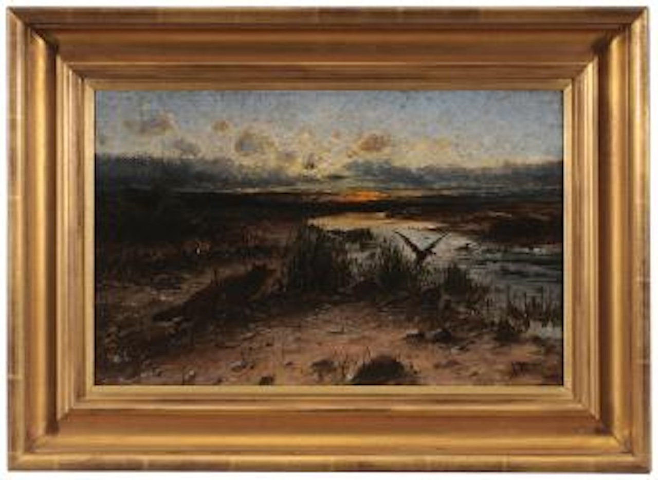 Fox hunting a Mallard at sunset by John Fery