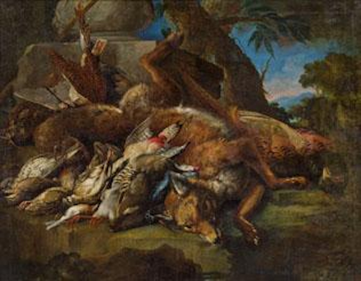 Jagdstillleben mit Fuchs und Vögeln in einer Landschaft by Italian School
