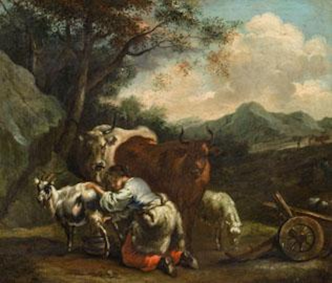 Landschaft mit Kühen und einer ziegenmelkenden Hirtin by Pieter van Bloemen