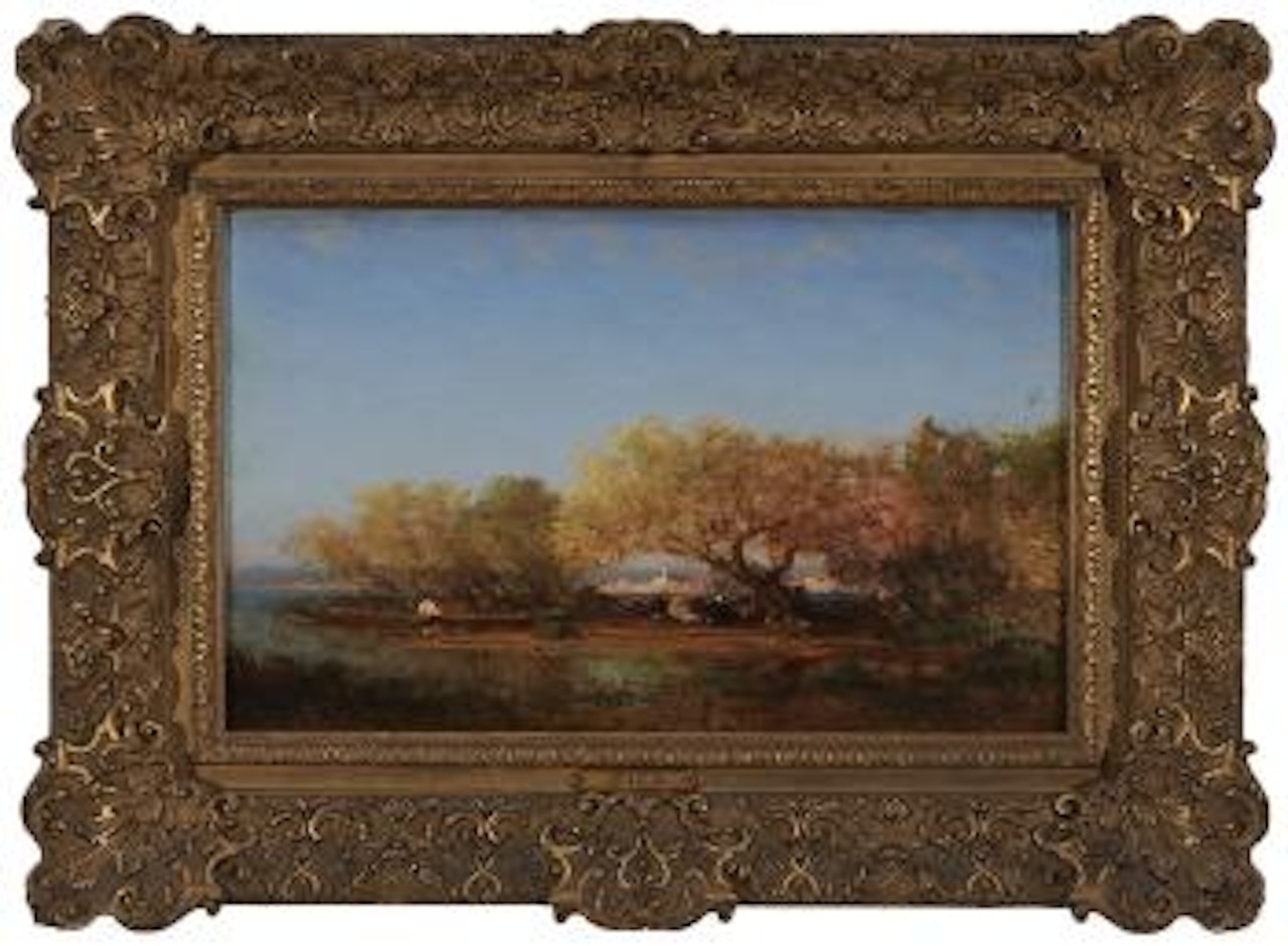 On the Bosporus with view of Constantinople, figures under trees with Caique by Félix Ziem