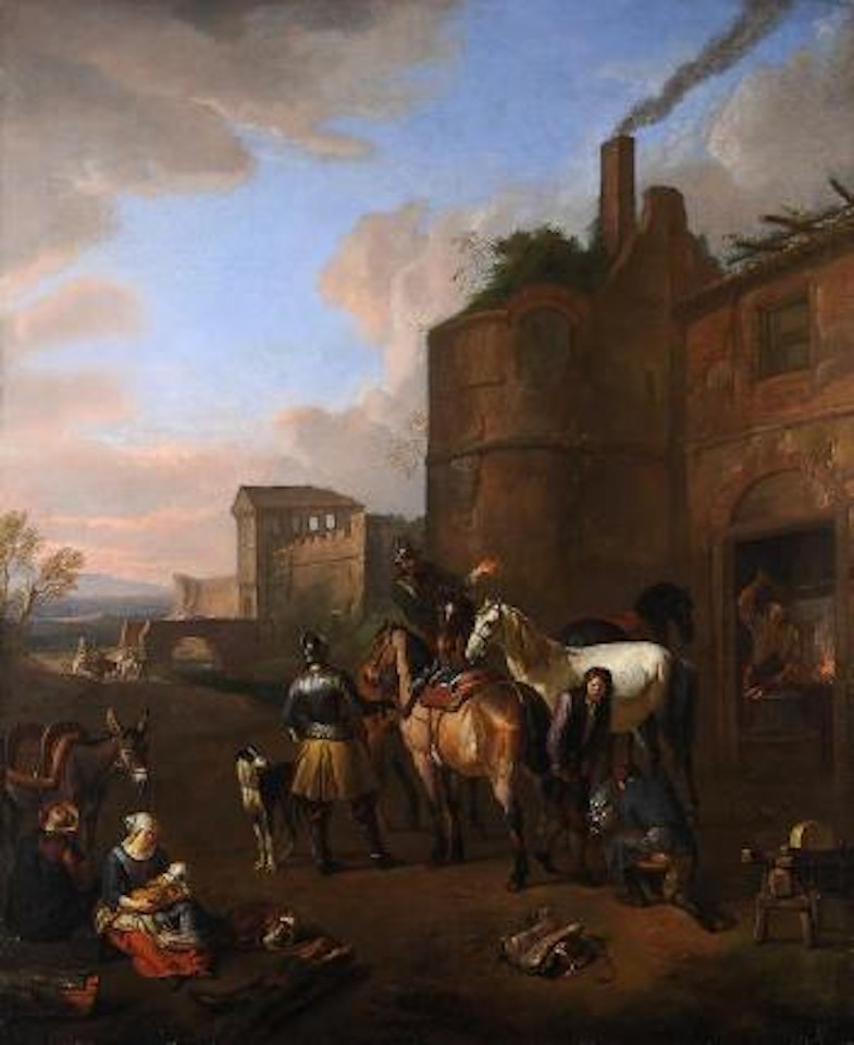 Cavalrymen with a Farrier Shoeing Horses by Pieter van Bloemen