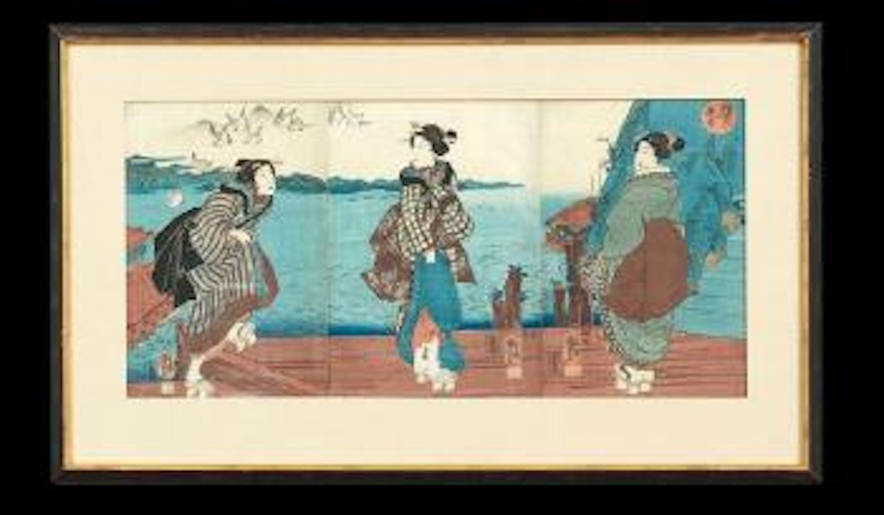 Catching fireflies in the cool of the evening. Young women at Sanbashi by Utagawa Kuniyoshi