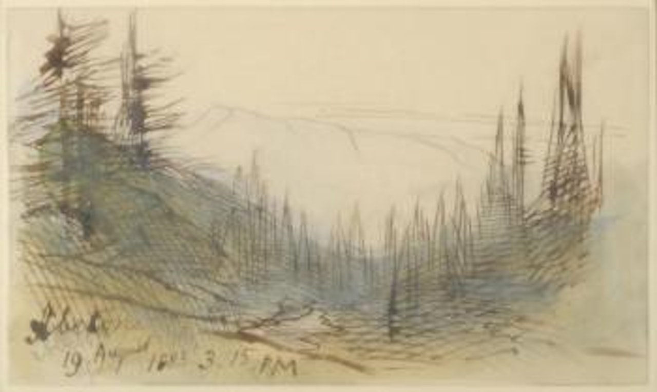 Abetons - A view of mountains through trees by Edward Lear
