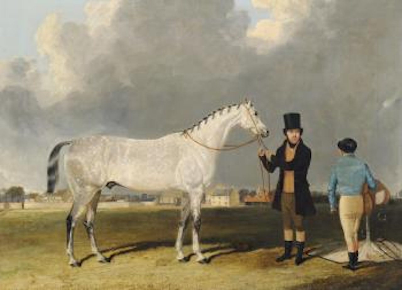 Gentleman holding the reins of a grey horse with a jockey near by by John Frederick Herring