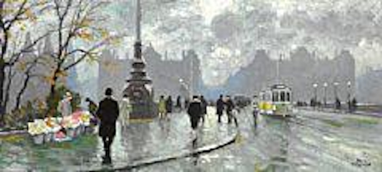 View of Dronning Louises Bro in Copenhagen with pedestrians, a flower seller and a tram by Paul Fischer
