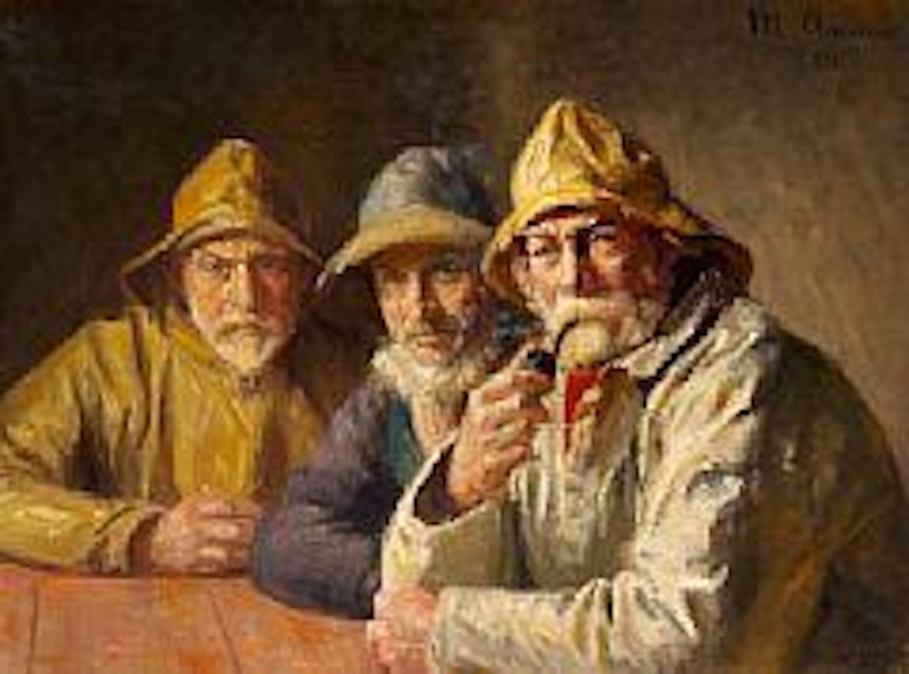 Fiskere i Brøndums Bod.  Fishermen in Brøndum's shop.  From the right Thomas Sørrig, Thomas Peter Larsen and Christian Hansen by Michael Ancher