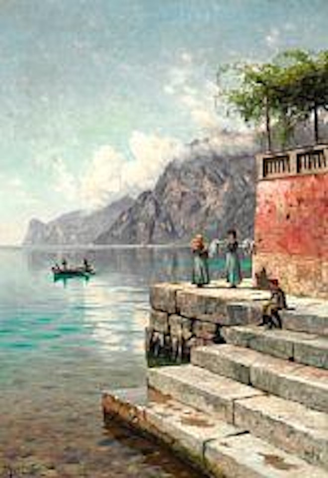 From Torbole at Lake Garda in Italy with women washing clothes by Peder Mork Monsted