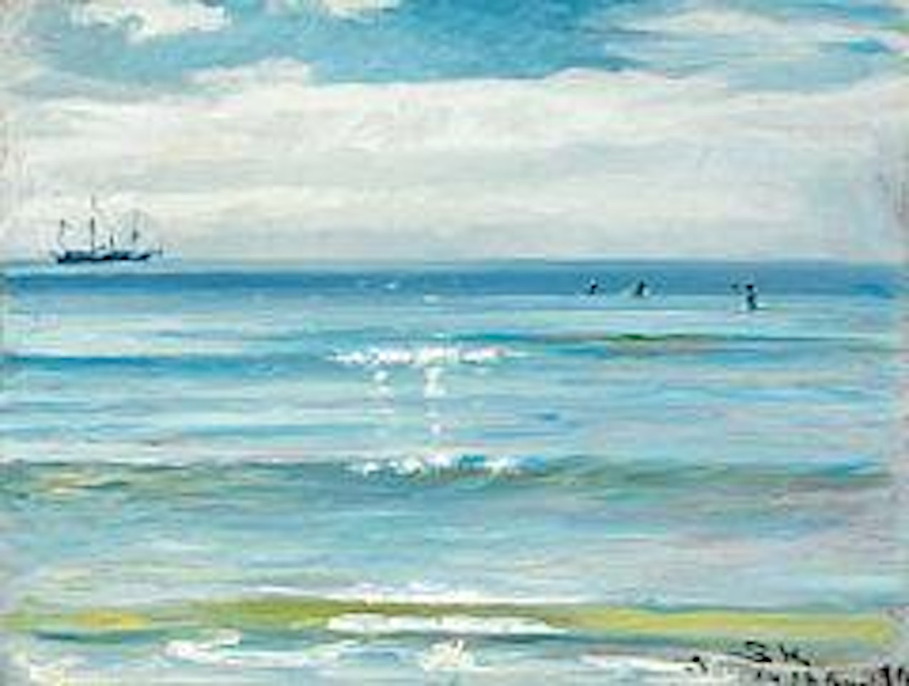 Badende Drenge.  Summer day at Skagen beach with boys bathing and sailing boats at anchor by Peder Severin Kröyer