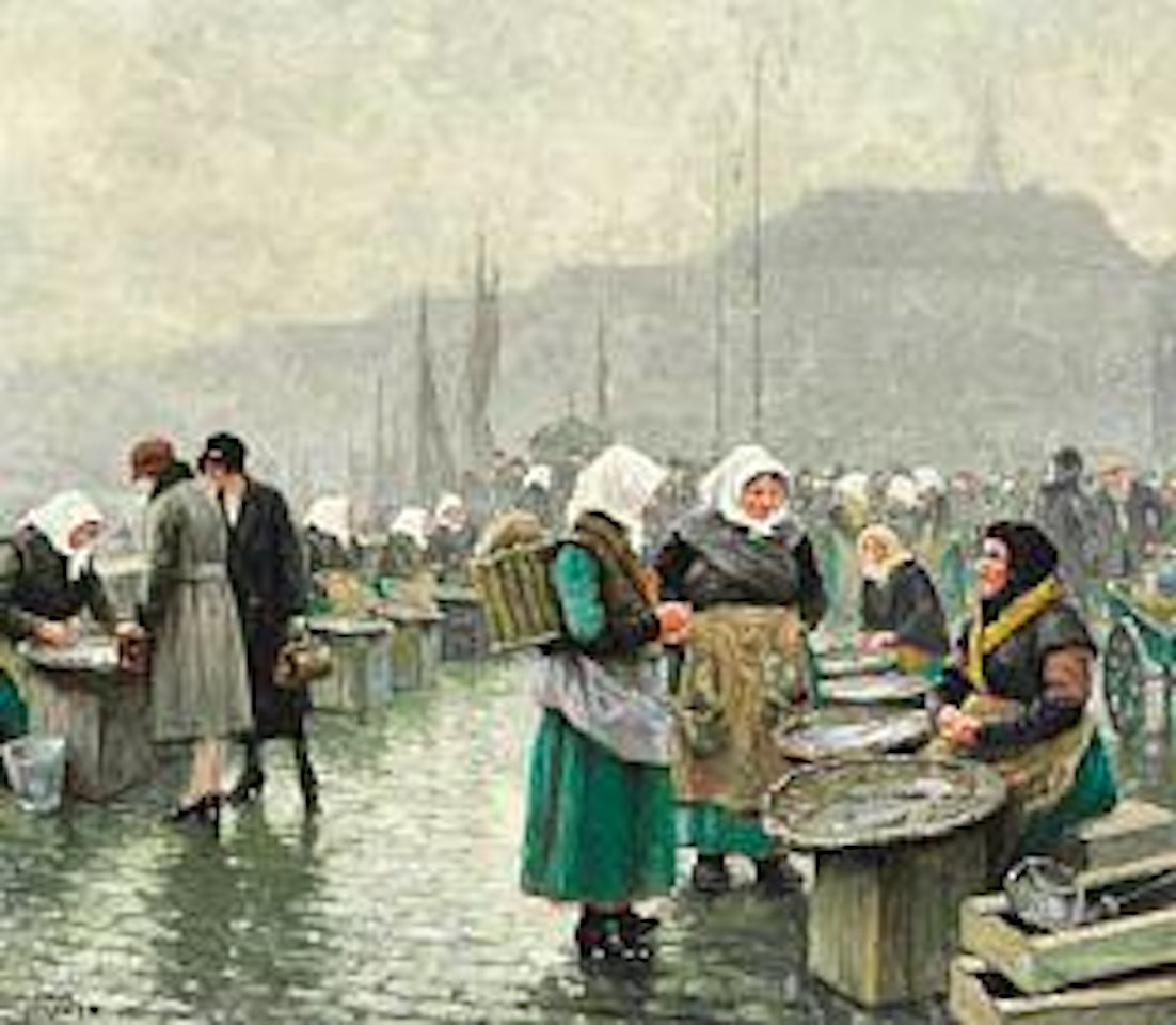 Fishwifes from Skovshoved selling fish at Gl.  Strand, Copenhagen by Paul Fischer