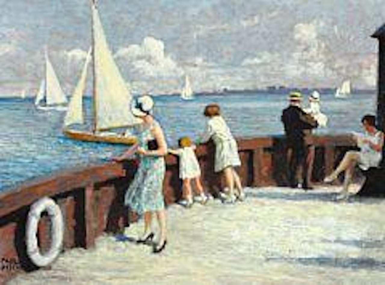 Summer day at Langelinie.  A family is watching the sailing boats in Øresund by Paul Fischer
