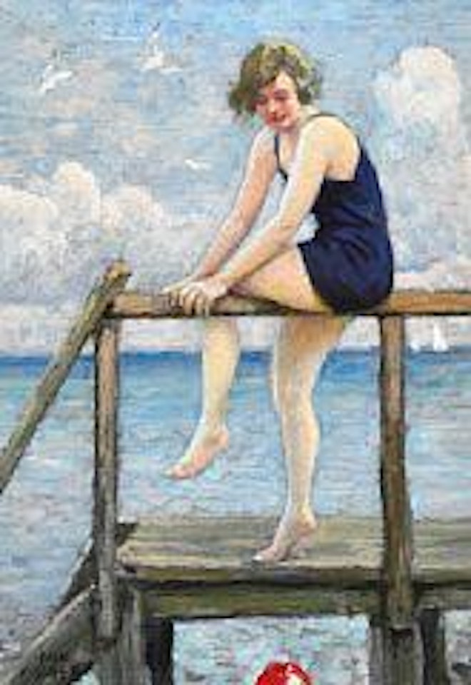 A bathing beauty looking for the red ball by Paul Fischer