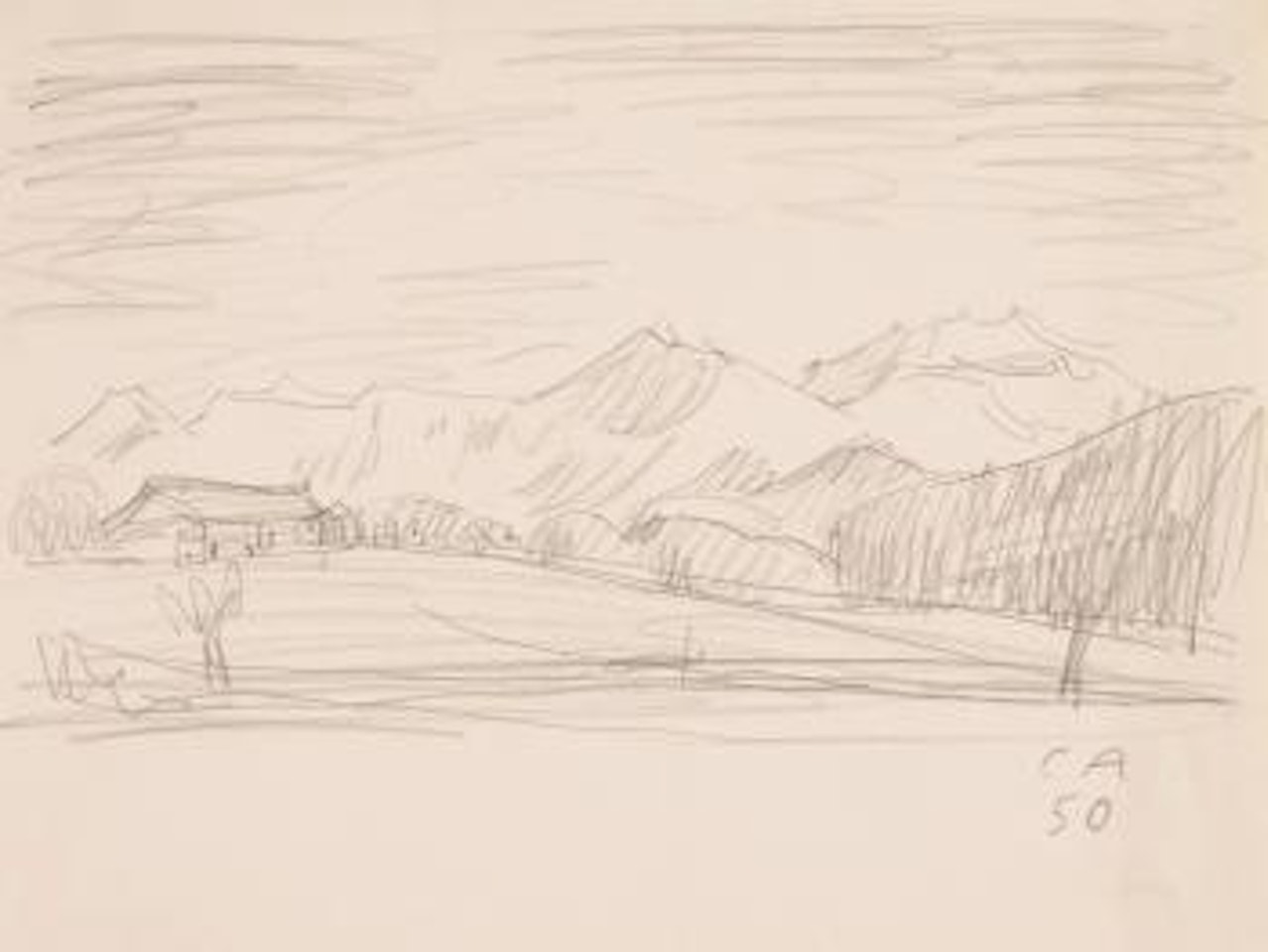 Landschaft mit Gehöft und Bergkette im Hintergrund by Cuno Amiet