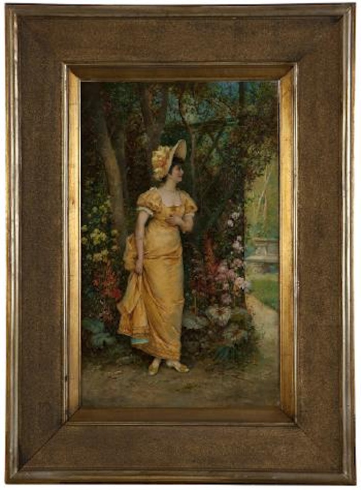 Woman in yellow dress and hat by Hans Zatzka