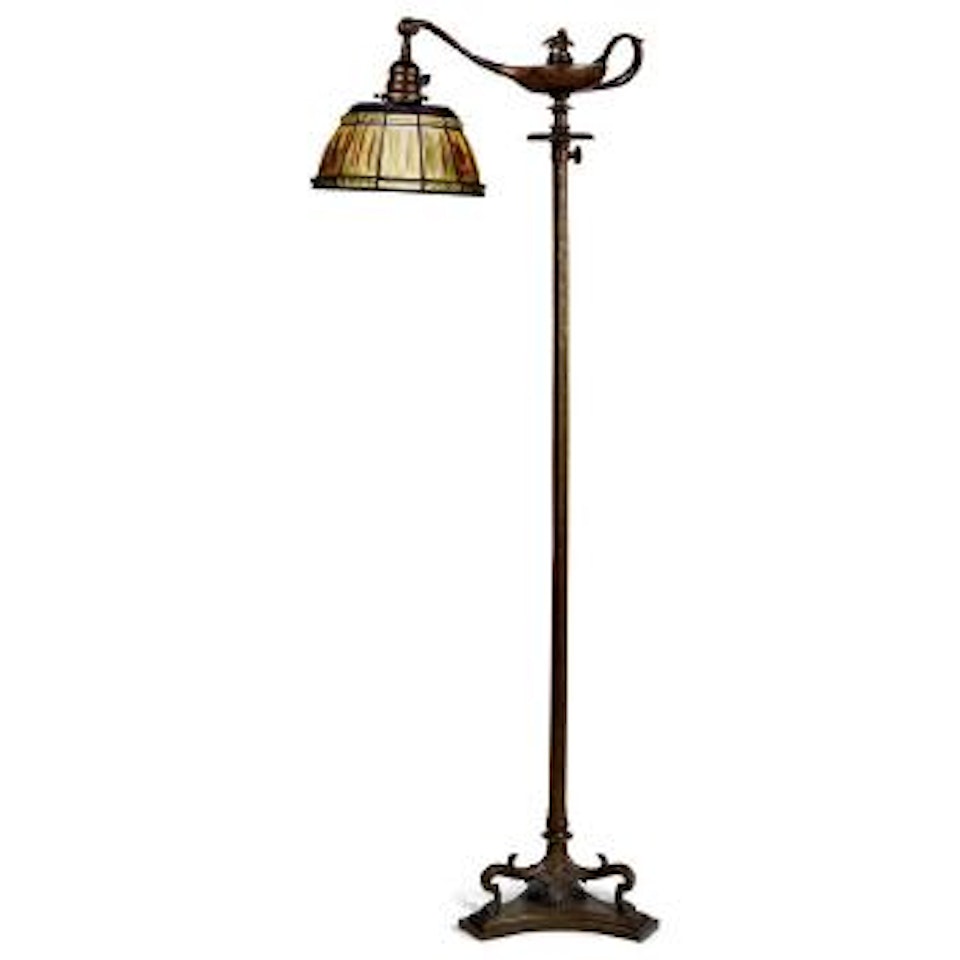 A Tiffany Studios Favrile Glass And Patinated Bronze Linenfold Floor Lamp by Tiffany Studios
