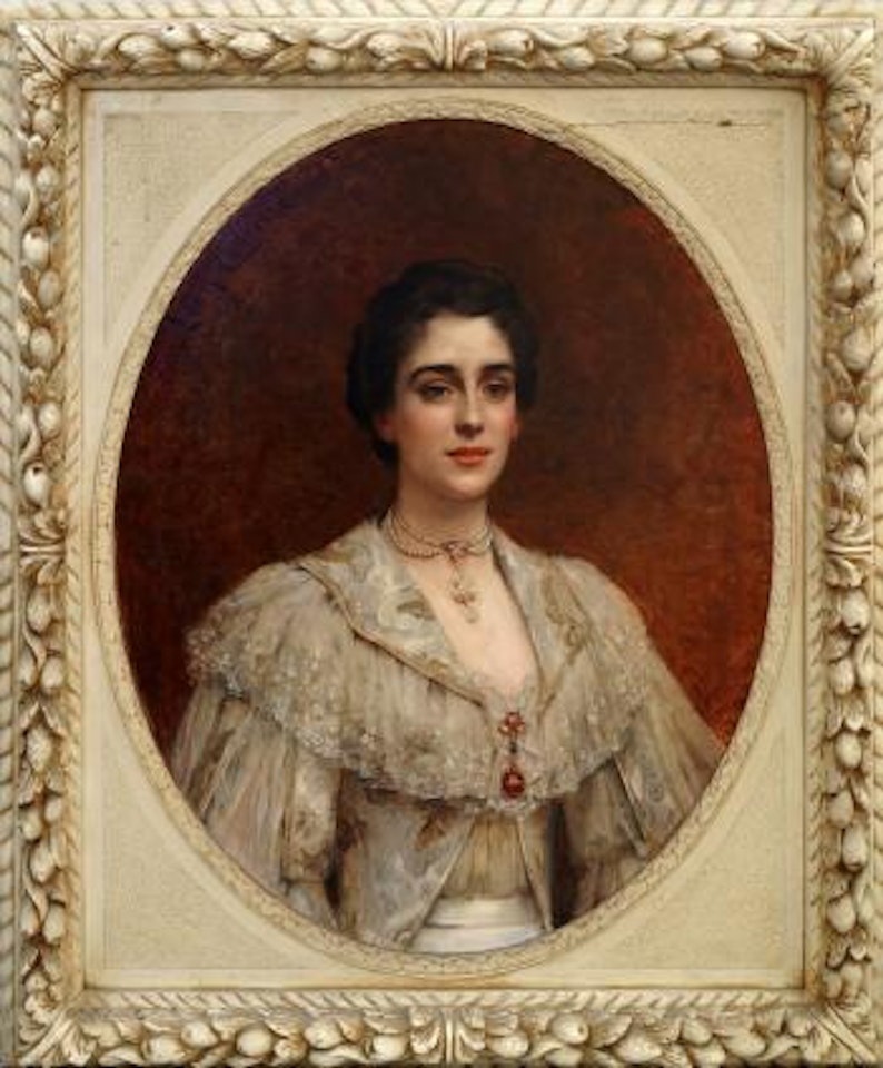 Portrait of a lady, half-length in a cream dress by Leon Comerre