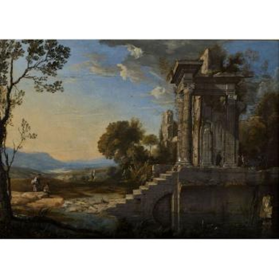 Paysage de ruines avec un grand escalier by Pierre Patel