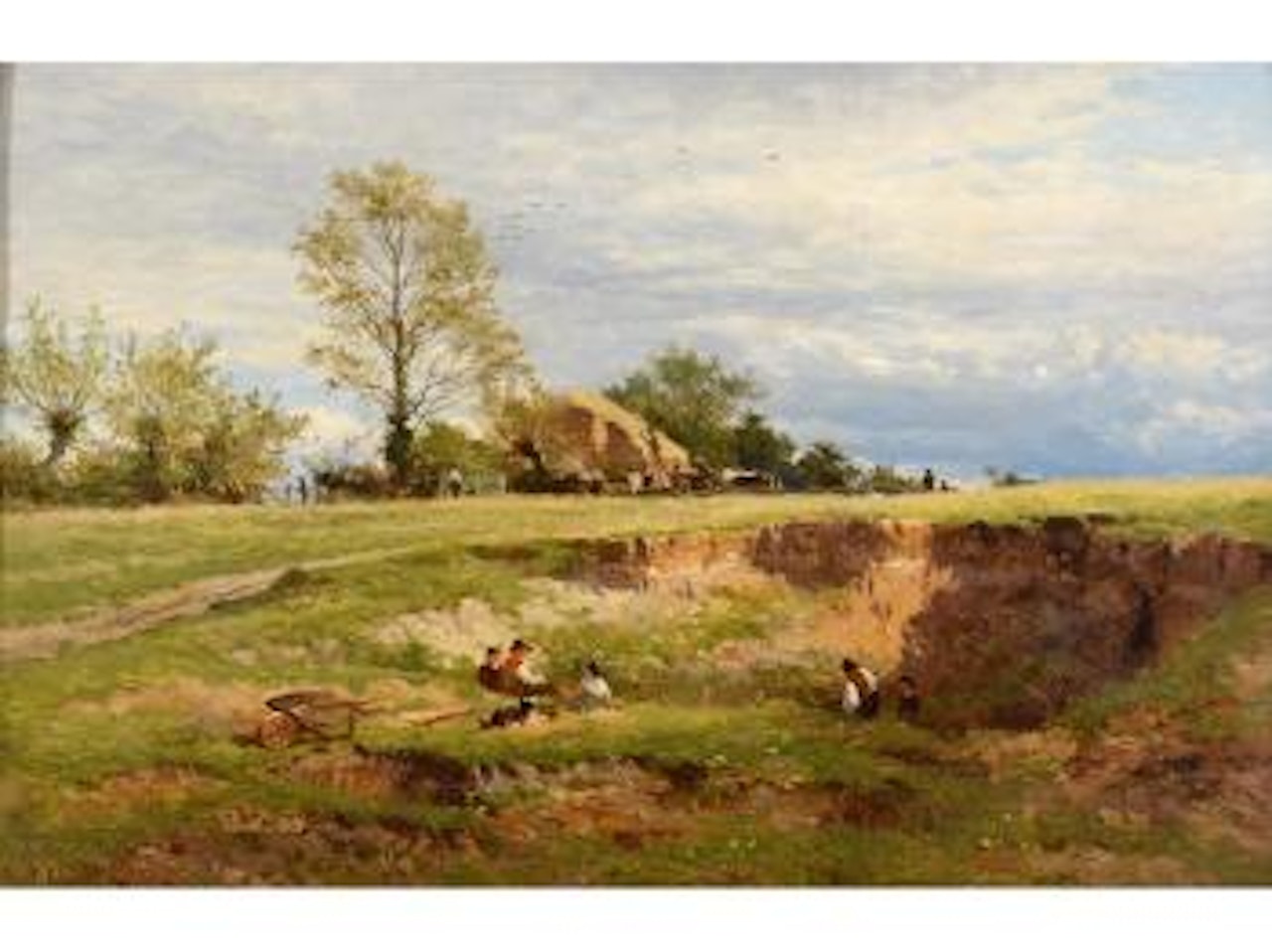 Workers in a sand pit, hay makers beyond by Benjamin Williams Leader
