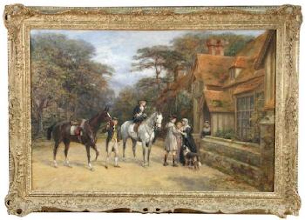 A lady side-saddle on a grey horse by Heywood Hardy