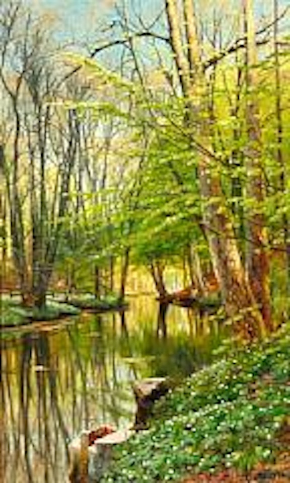 A spring day in the forest with blooming anemones and a stream by Peder Mork Monsted
