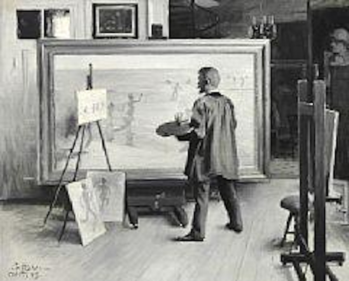 P. S. Krøyer at the easel painting 'Boys bathing' by Paul Fischer