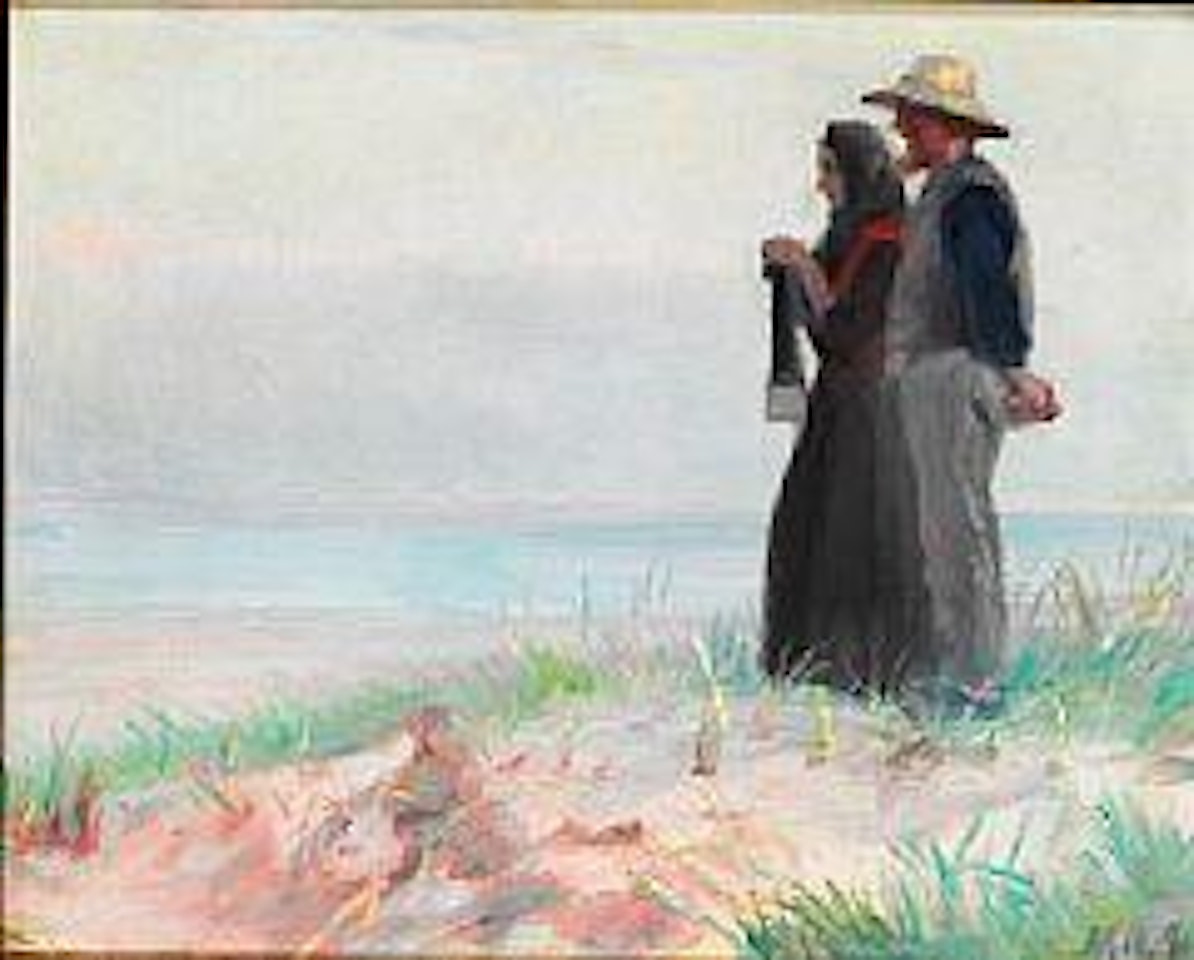 A fisher from Skagen and his wife standing on the beach by Michael Ancher