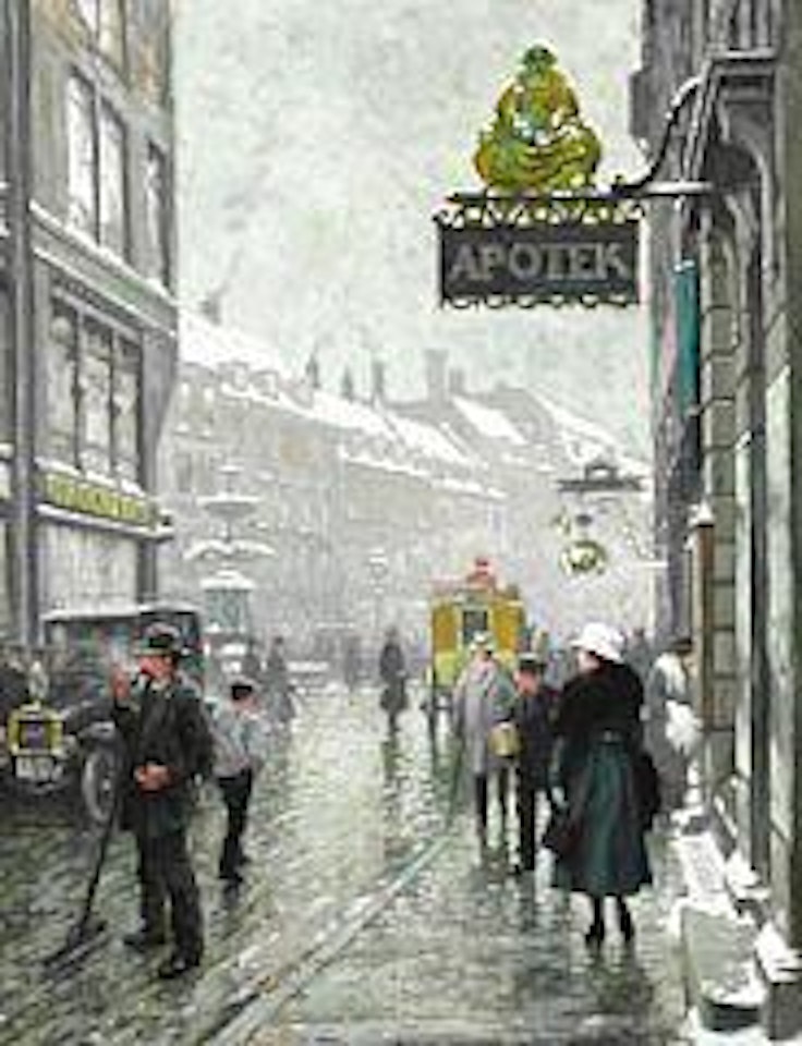 A winter day at the corner of Østergade and Amagertorv with Storkespringvandet (the Stork's Fountain) in the background by Paul Fischer