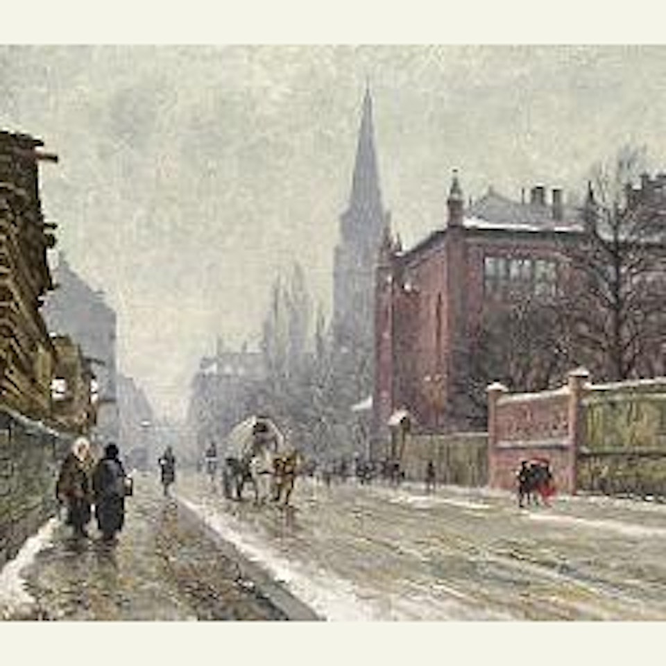 Vinterdag på Vesterbro ved Sankt Matthæus Kirke på Vesterbro.  Winter day near St Matthew's Church, Copenhagen by Paul Fischer