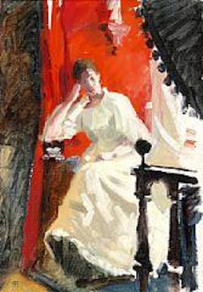 Interior with an elegant young woman in a white dress.  Presumably the painter's wife Dagny by Paul Fischer