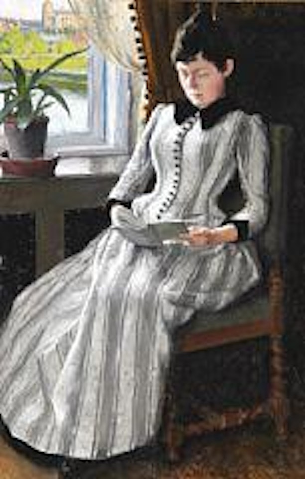 The painter's wife Dagny reading near the window in their apartment at Vodroffsvej, in the background Sankt Jørgen's Lake, Frederiksberg by Paul Fischer