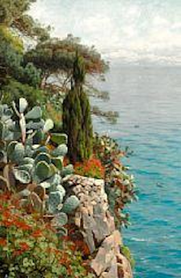 A rocky coast with a view over the sea near Monaco by Peder Mork Monsted