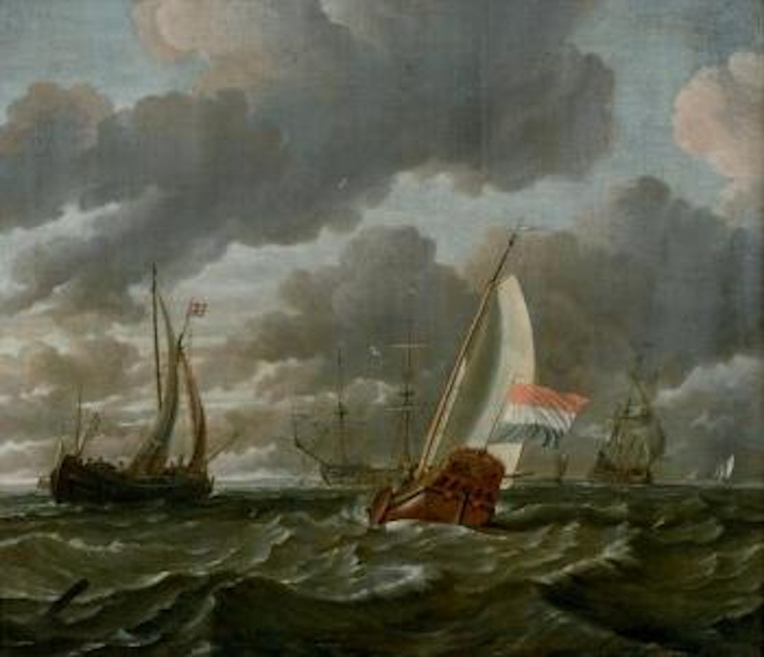 Marine hollandaise par temps calme avec des bateaux de pêche au premier plan et un navire de guerre dans le fond à droite by Abraham Storck