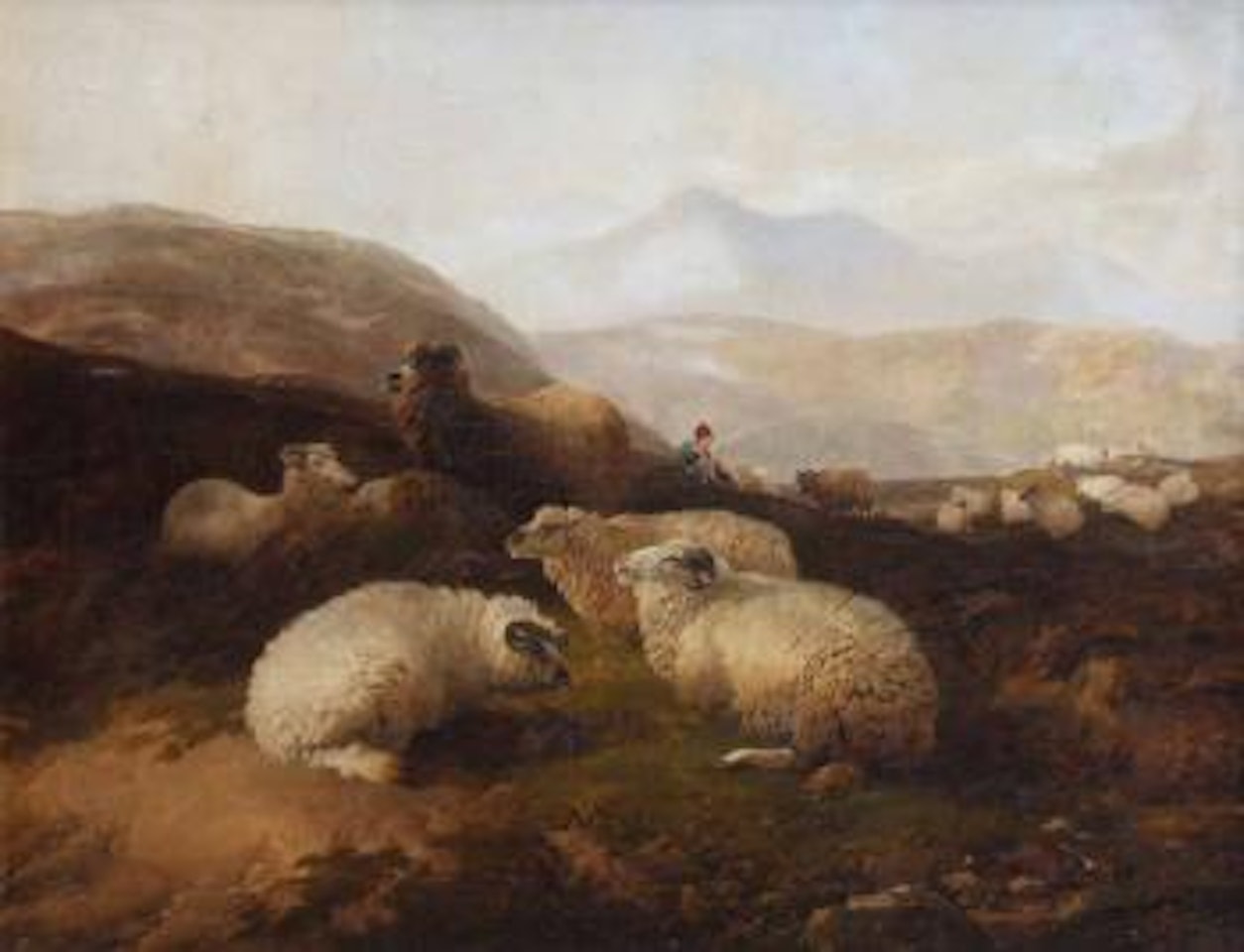 Sheep and a figure in a mountainous landscape by Thomas Sidney Cooper