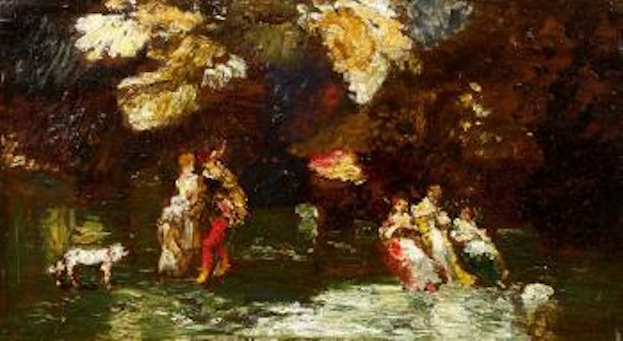 Assemblée dans un parc avec un chien by Adolphe Monticelli