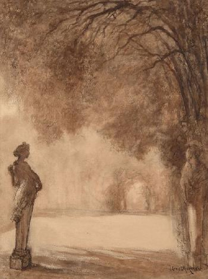 Vue d’une allée bordée de statues dans le parc de Versailles by Lucien Lévy-Dhurmer