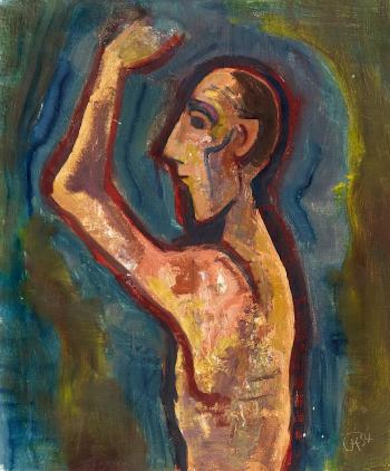 Man in profile with raised arm by Karl Hofer