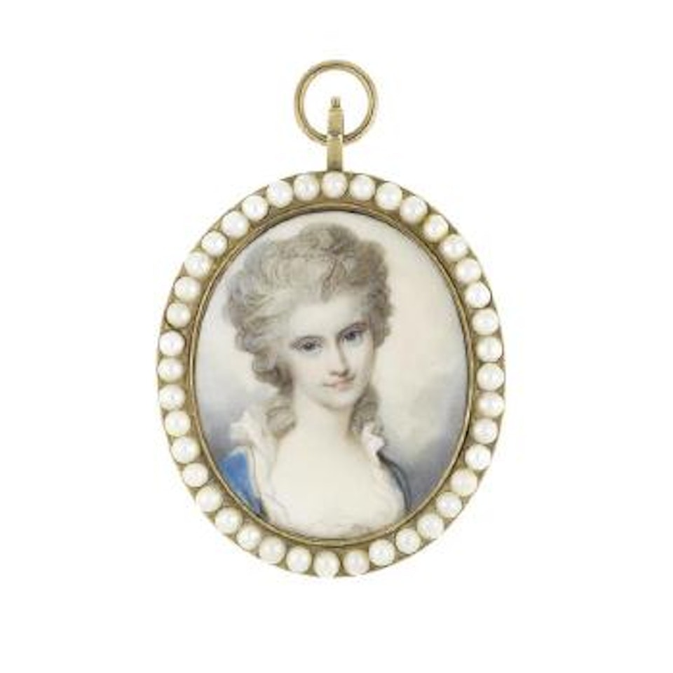 A Lady called, Mary Anne, wearing blue dress over white chemise finished with frilled trim, her powdered wig rolled and worn high on her head by Richard Cosway