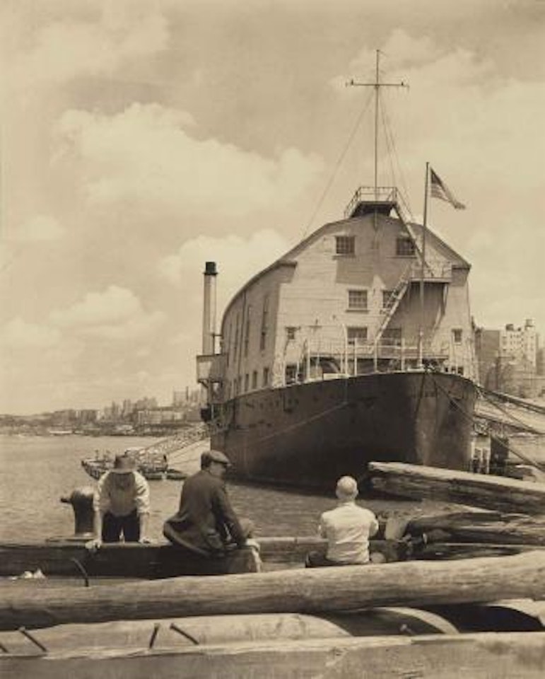 U.S.S. 'Illinois' and Wharf, Armory on Naval Reserves, West 135th Street Piere, Manhattan by Berenice Abbott