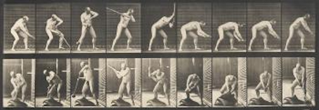 Nude man swinging sledge hammer by Eadweard Muybridge