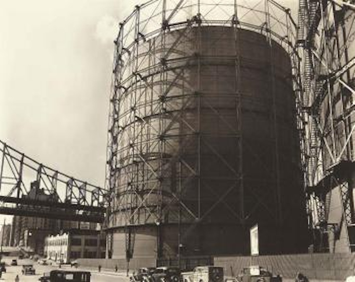 Gas Tank and Queensboro Bridge, East 62nd Street and York Avenue, Manhattan, October 9, 1935 by Berenice Abbott